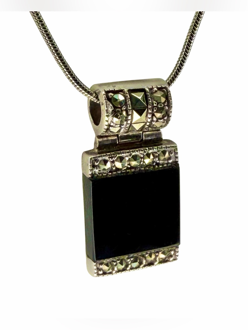 Vinatge Estate Art Deco Sterling Silver Onyx Marcasite Pendant Necklace
